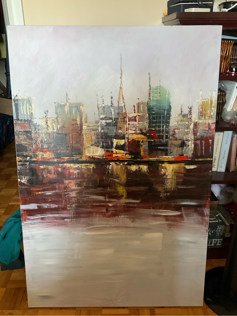 Large Abstract City Skyline in Red, Yellow, Teal and Brown